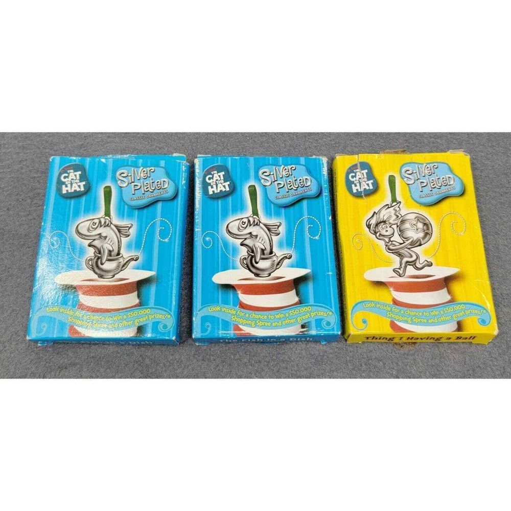Dr. Suess Cat in the Hat Christmas Ornaments Burger King Silver Plated Set of 3
